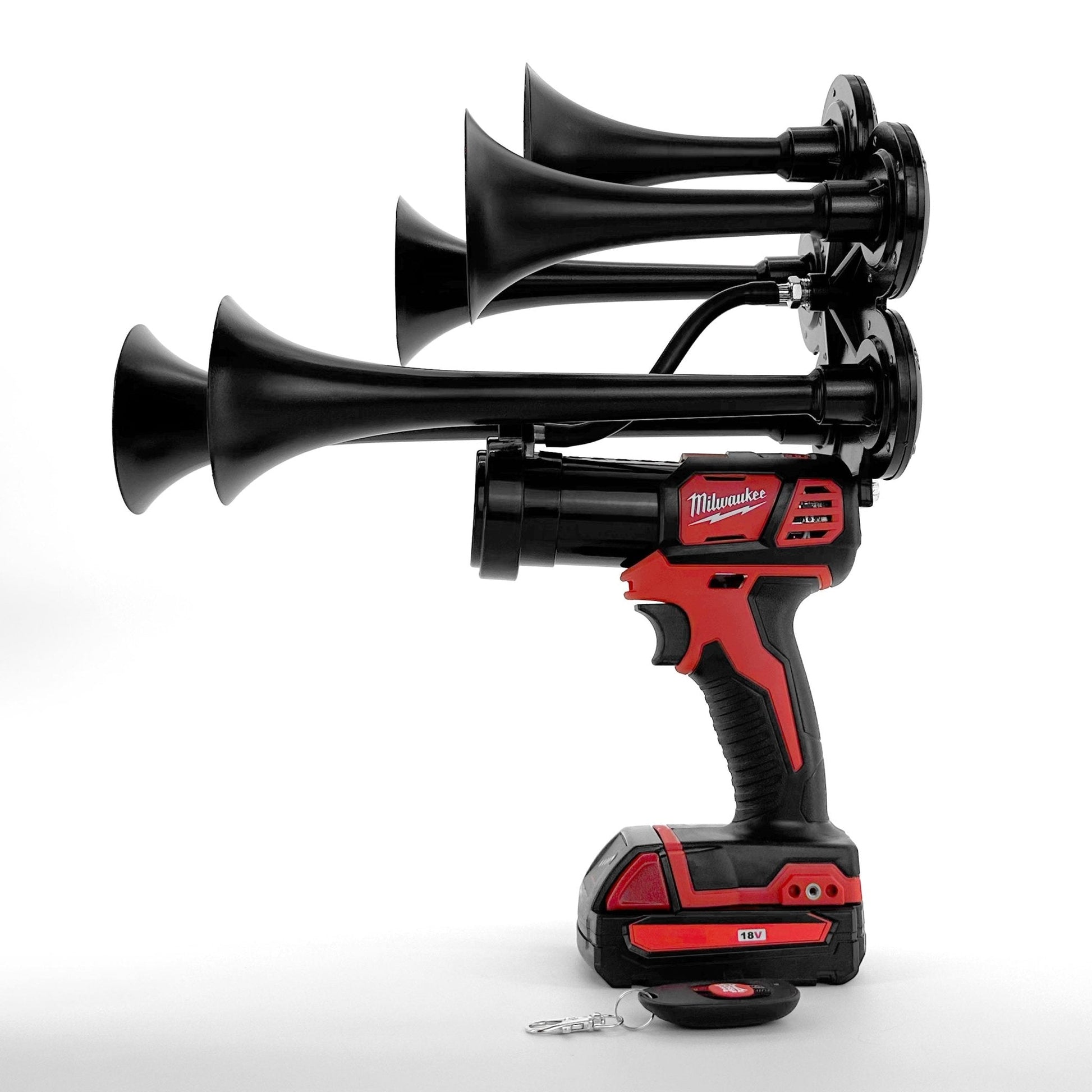 Black air horn attached to a Milwaukee tool on a white background