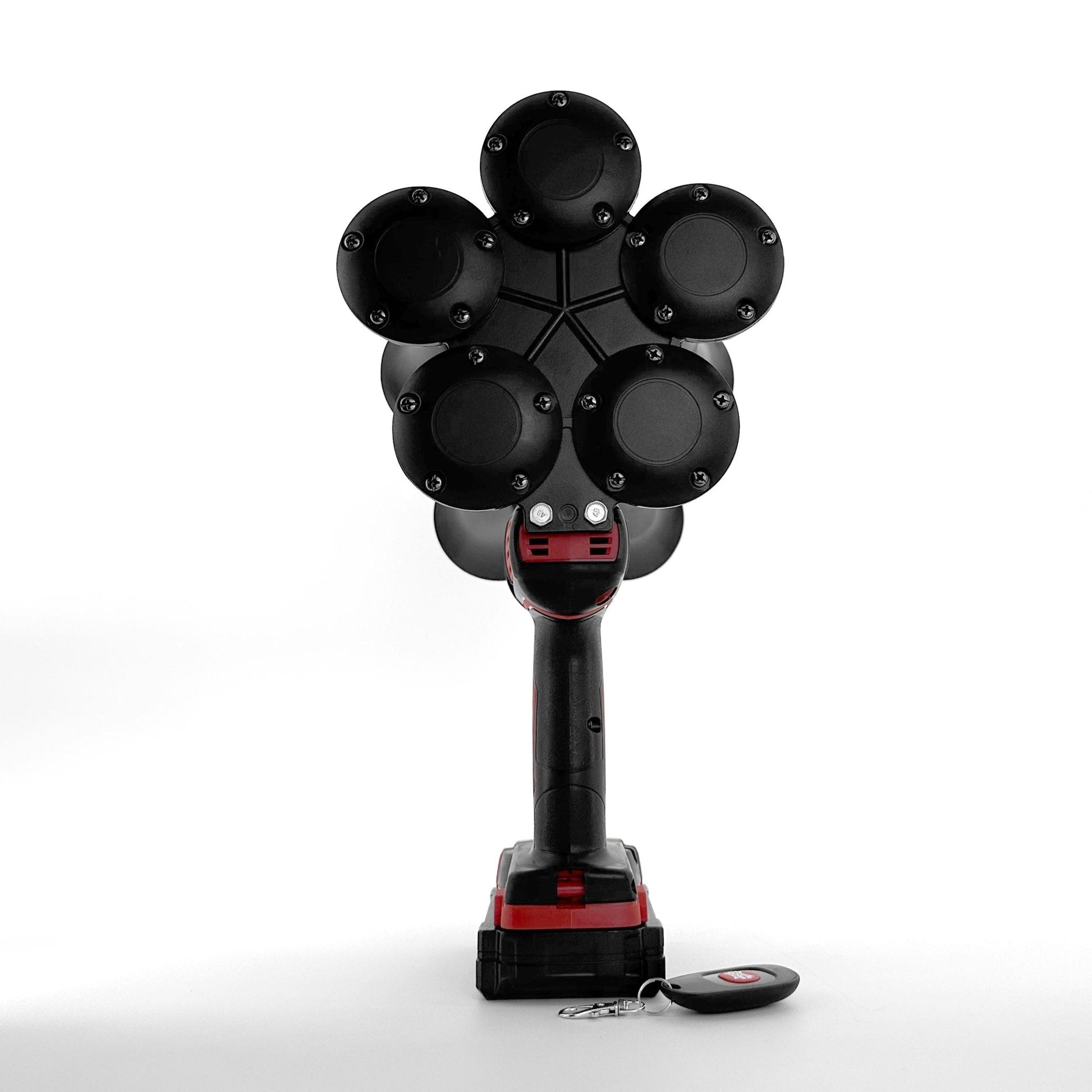 Black and red portable shower with multiple nozzles on a white background