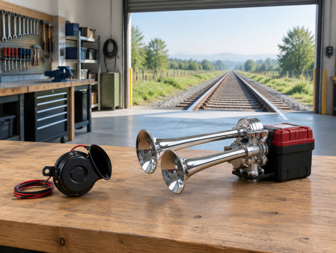 A snail-style electric horn and a battery-powered trumpet horn on a workbench by an open workshop door facing rail track.