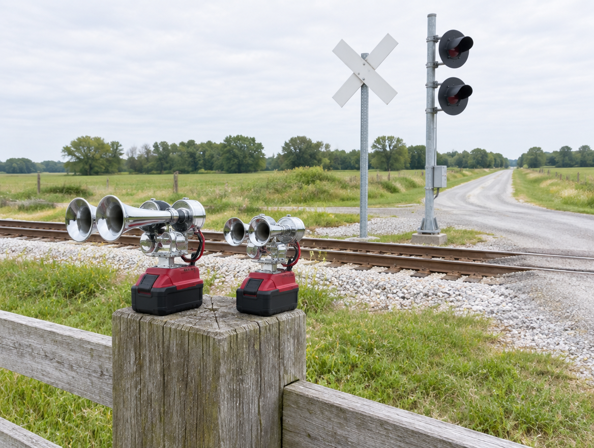 Two chrome train horns wired to red cordless tool batteries on a fence post beside a rural railroad crossing.