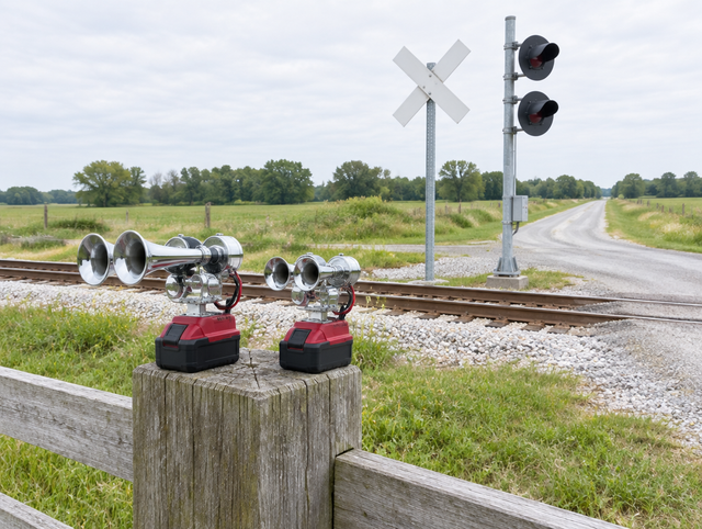 Two chrome train horns wired to red cordless tool batteries on a fence post beside a rural railroad crossing.
