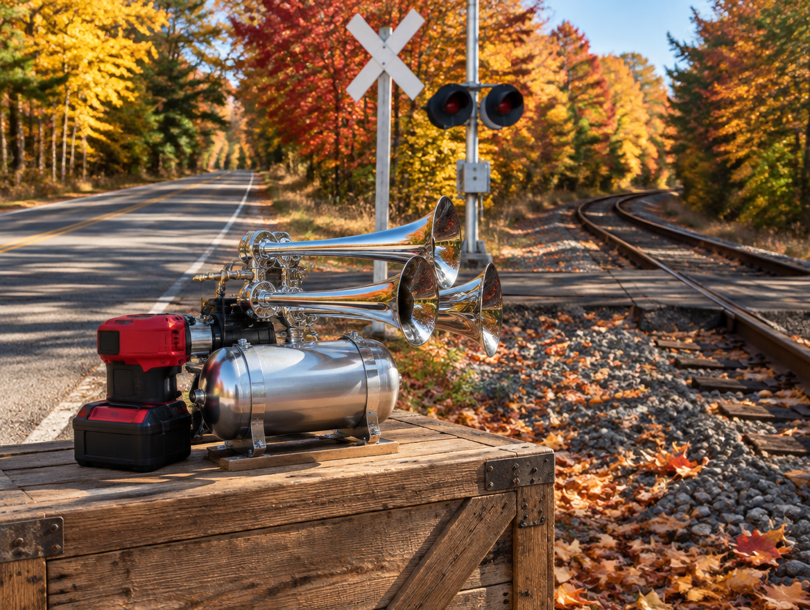 Chrome train horn with a red-topped cordless battery pack beside a rural rail crossing lined with autumn trees