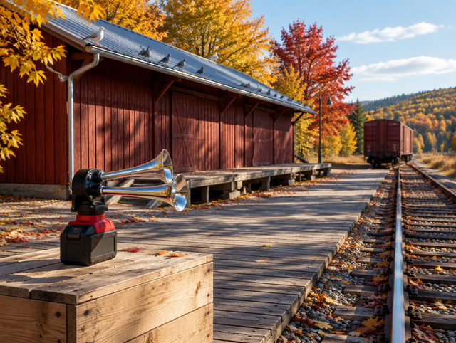 A portable battery air horn on a crate by a rail platform, with pigeons and gulls on a freight shed roof in autumn.
