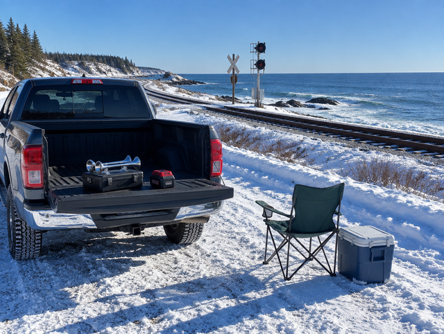 Pickup truck with a train horn and red battery on its tailgate, parked by a snowy coastal railway in winter sun.