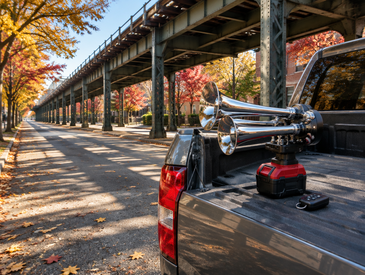 Portable train horn with a red battery pack on a pickup tailgate beneath an elevated railway viaduct in autumn
