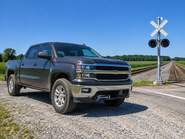 A clean pickup truck parked by a rural railroad crossing with a crossbuck and signal mast under a bright blue sky.