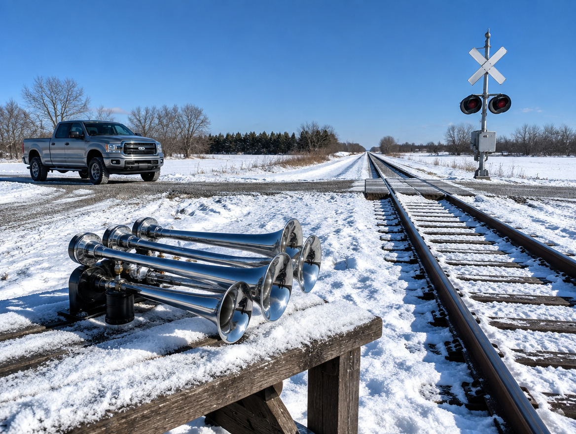 Chrome train horn set on a snowy bench beside a rural rail crossing under a clear blue winter sky