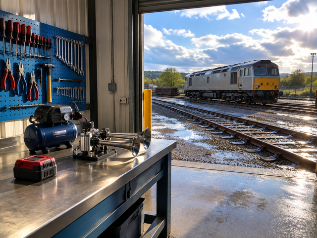 Railway workshop with roller door open to wet track and a locomotive, a chrome air horn and red battery on the bench
