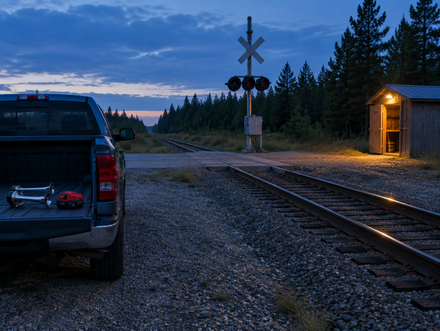 A pickup at a rural rail crossing at dusk, with a chrome train horn and a red cordless battery pack on its tailgate.