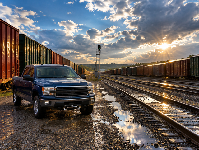 Wet freight yard after rain with boxcars on parallel tracks and a pickup with a chrome air horn on a gravel road.