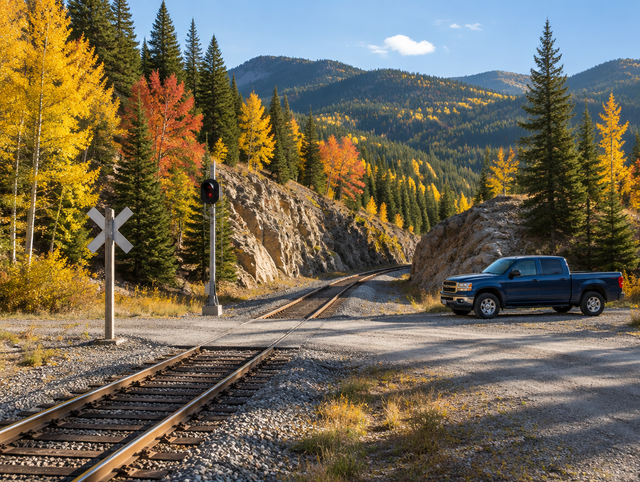 A pickup truck parked by a mountain rail crossing in a rocky cutting, surrounded by pine forest and autumn foliage.