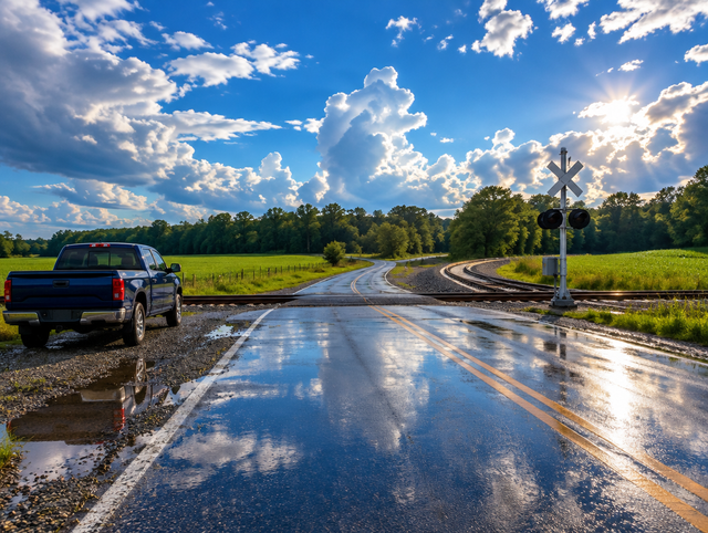 A rural Kentucky railroad crossing after rain, with a crossbuck, wet road and a pickup parked on the shoulder under a clearing sky.