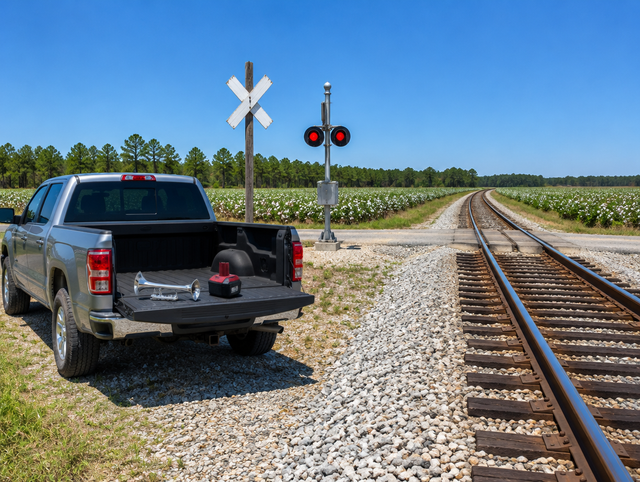 Clean pickup truck parked by a rural railroad crossing with a crossbuck, a horn and red battery pack on the tailgate