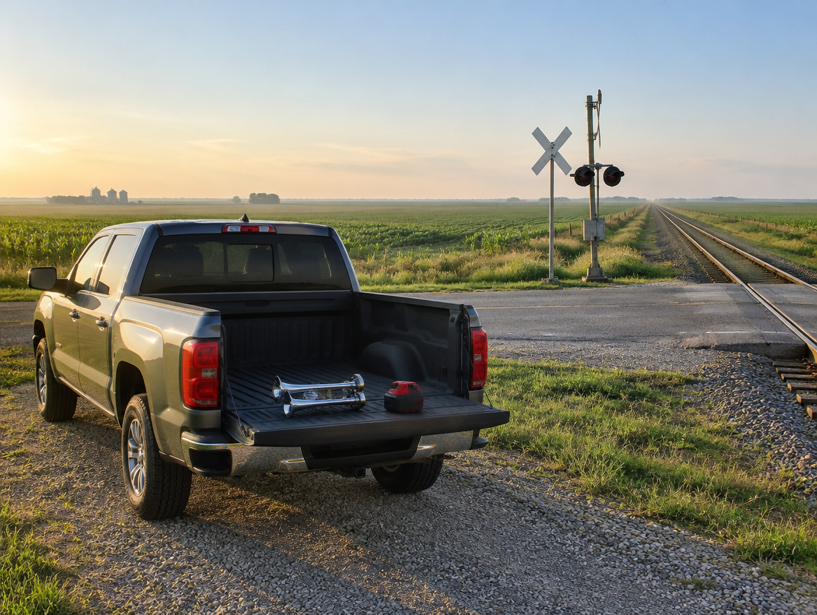 Pickup truck at a rural rail crossing at dawn, with a chrome air horn and red-topped tool battery on its tailgate
