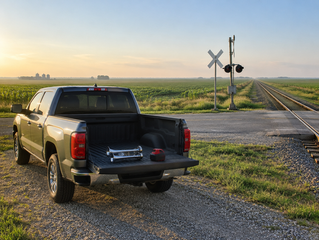 Pickup truck at a rural rail crossing at dawn, with a chrome air horn and red-topped tool battery on its tailgate