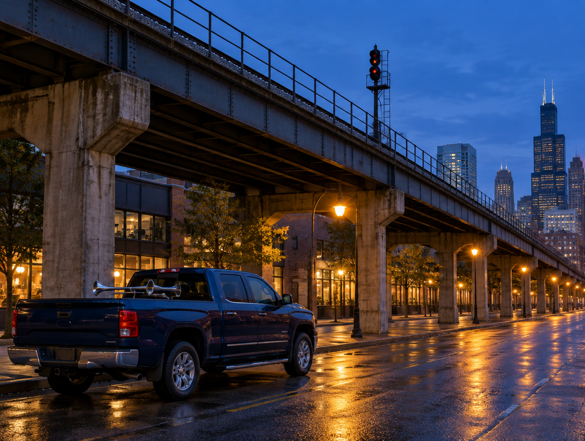 A pickup truck with a chrome train horn parked at dusk under an elevated railway viaduct lit by warm street lamps