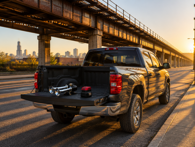 Pickup truck parked under an elevated rail viaduct at sunset, with a chrome train horn and red battery on its tailgate