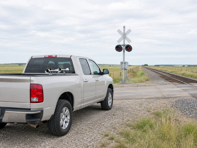 A clean pickup with a chrome air horn on its bed rails, parked by a rural railroad crossing under a bright overcast sky.