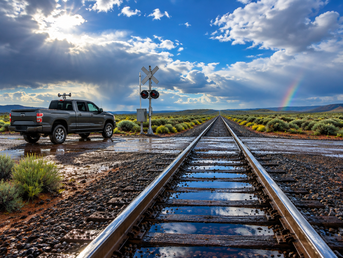 A clean pickup with a roof horn parked at a desert rail crossing after rain, sun breaking through clouds over wet track.