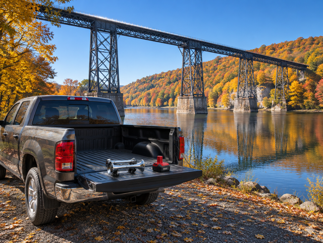 A steel trestle railroad bridge over a river in autumn, with a horn and red battery on a pickup's tailgate in front.