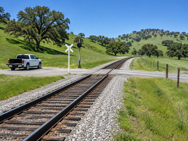 A single-track railway curving through green hills past a gravel road crossing with a crossbuck and a parked pickup truck.
