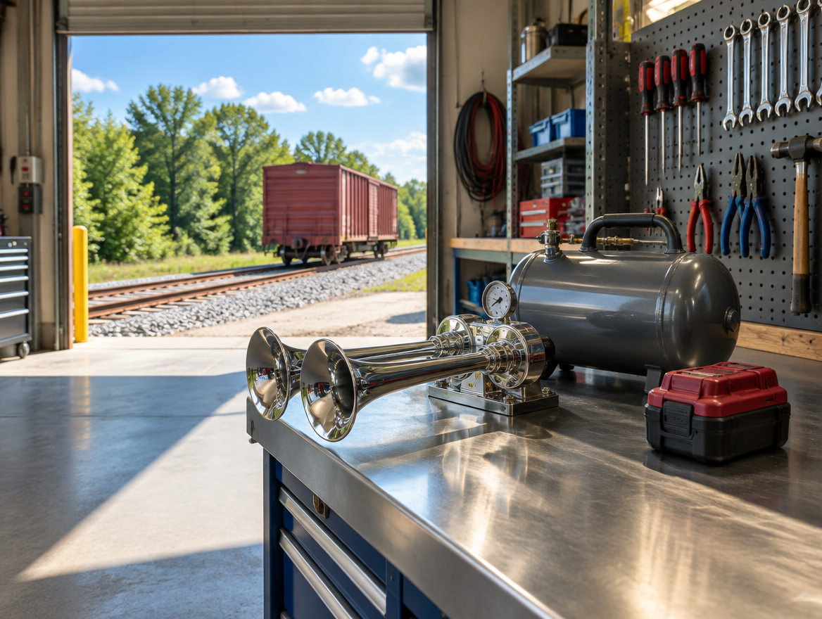 Chrome train horn and red cordless battery on a workshop bench, with the roller door open onto sunny railroad track