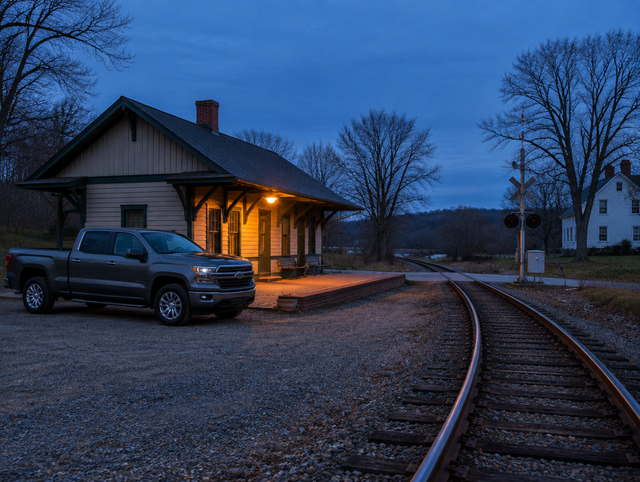 A pickup truck parked by a quiet small-town railway crossing at blue hour, under a warm depot lamp.