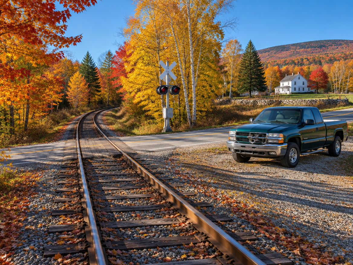 Pickup truck parked by a rural railroad crossing with a crossbuck and signal mast among bright red and gold autumn maples.
