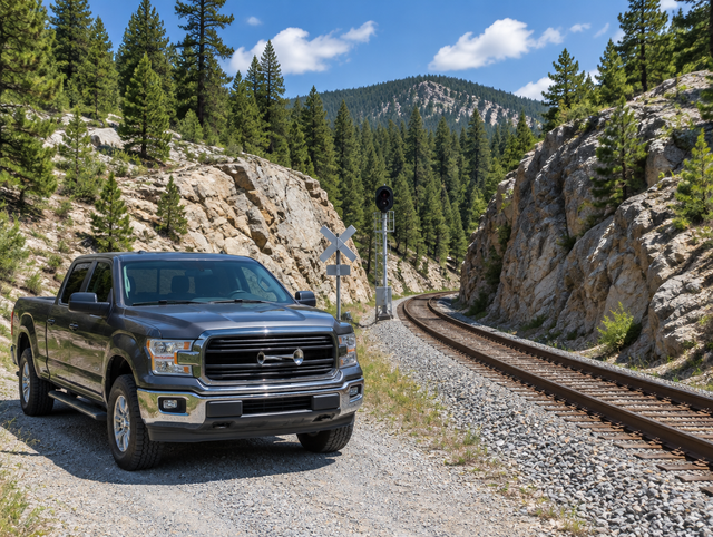 A pickup truck with a chrome air horn parked on a gravel road beside a mountain railway cutting in a pine forest.