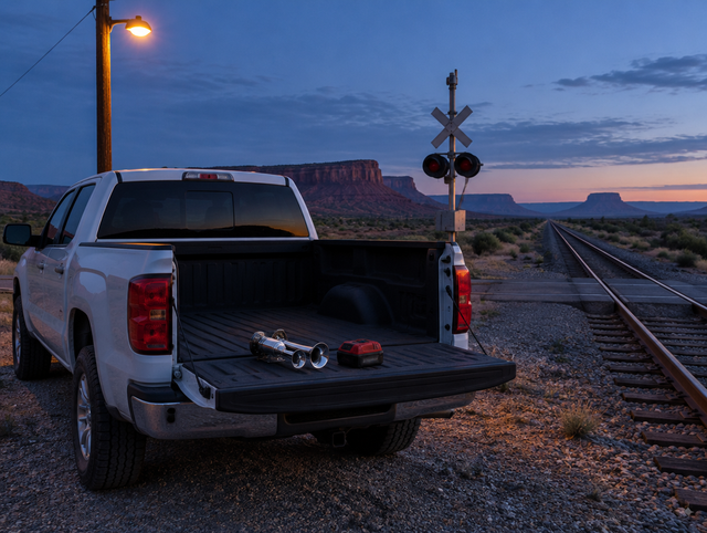 Pickup truck at a desert rail crossing at dusk, with a chrome air horn and a red tool battery on its tailgate