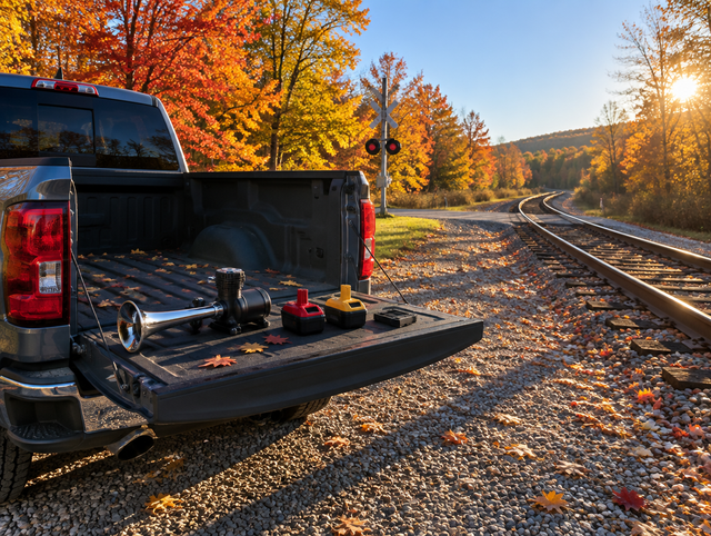 Pickup tailgate by an autumn rail crossing holding a train horn, red and yellow tool batteries, and an adapter plate.