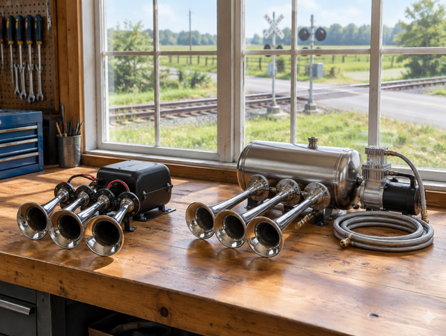 Sunlit workshop bench with a battery horn kit and an air-tank horn kit, a rural railroad crossing visible outside.