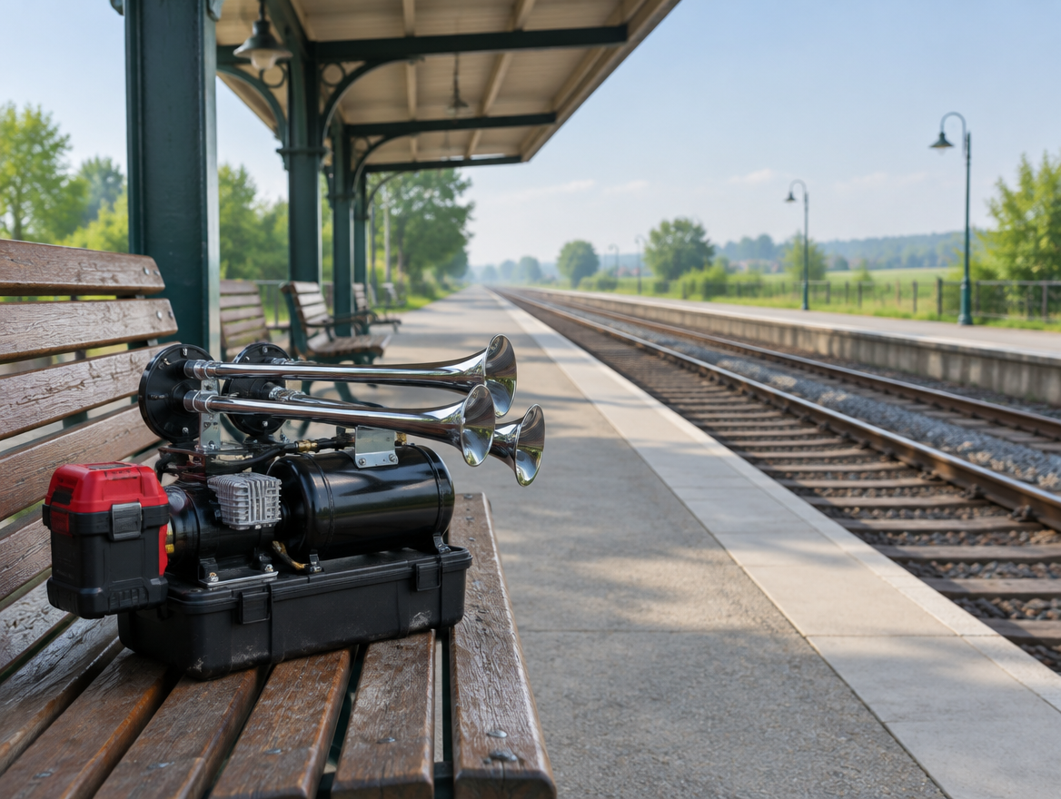 Chrome train horn kit with a red cordless battery pack on a station bench beside the tracks in morning light
