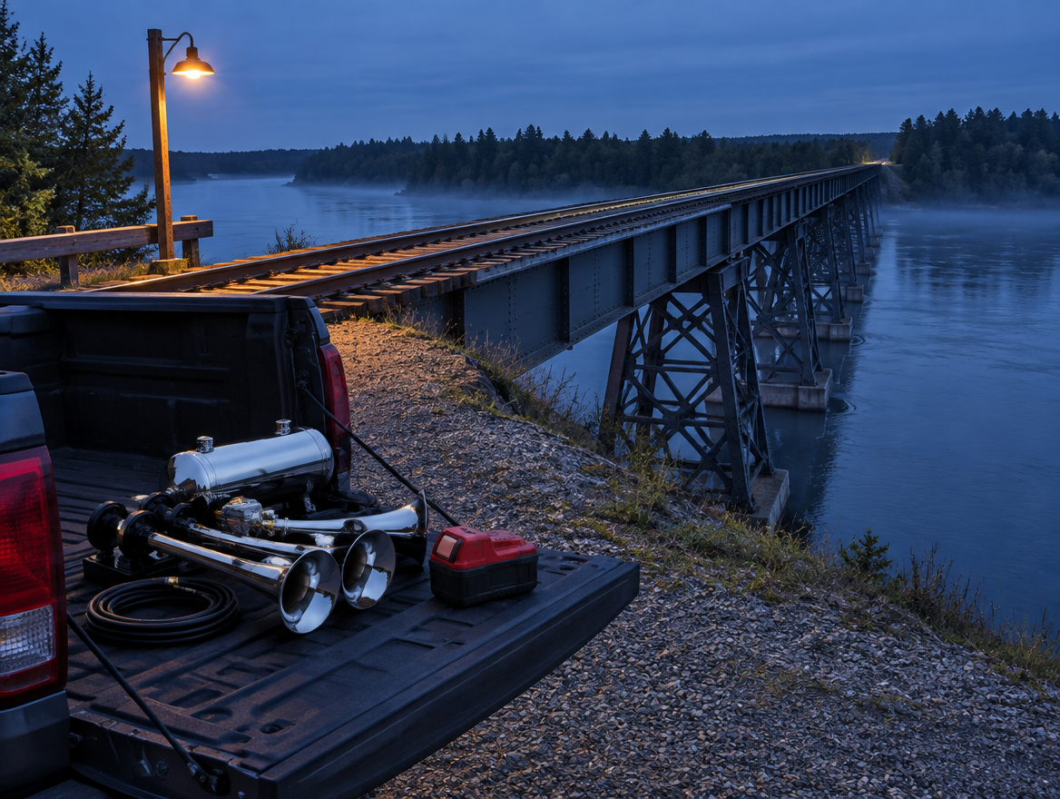 Train horn kit and red cordless battery on a pickup tailgate beside a steel trestle rail bridge at dusk