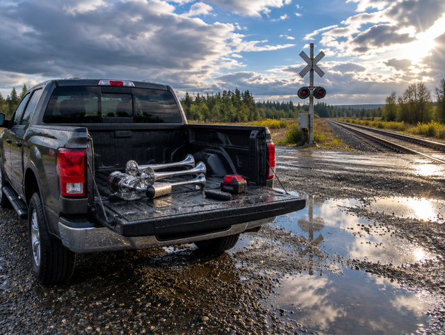A used train horn kit and red battery on a pickup tailgate next to a wet rail crossing after rain.