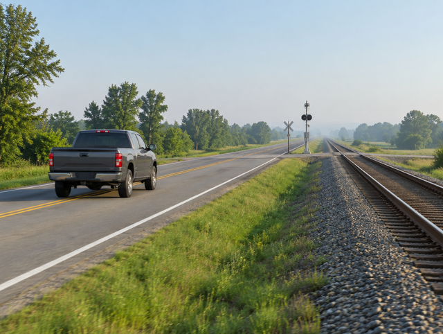 A pickup truck with its windows up drives a rural highway next to a railway line and crossbuck on a clear morning.