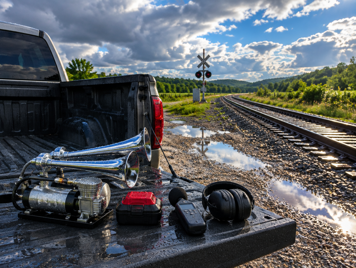 A compact air horn with a red battery pack and earmuffs on a wet pickup tailgate beside rain-soaked railroad tracks.