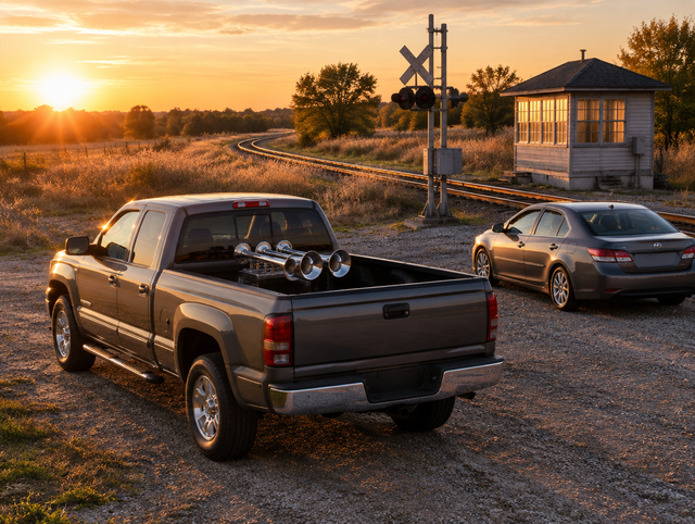 Pickup with chrome train horns parked near a sedan and a rural railroad crossing at golden hour.