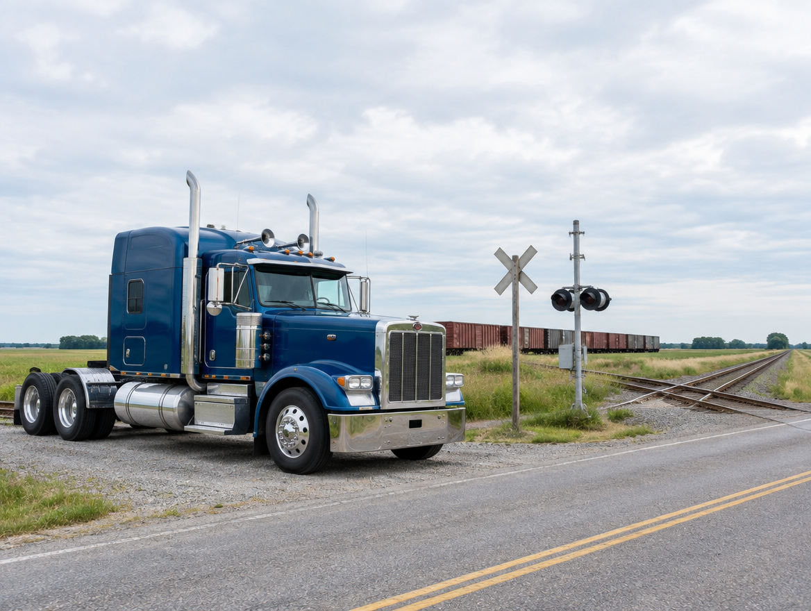 A clean semi truck parked by a rural railroad crossing with a crossbuck and boxcars on a siding under a bright overcast sky