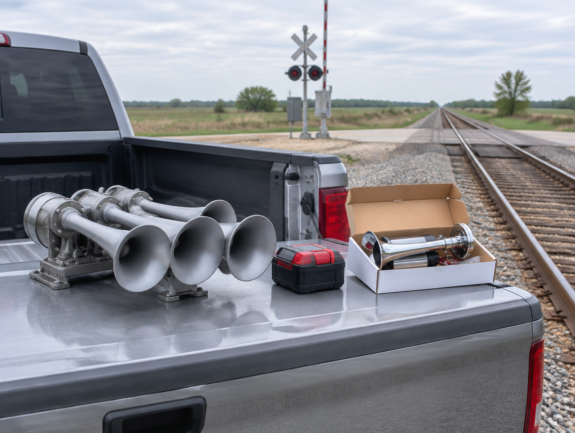 A heavy locomotive-style horn, red cordless battery and small chrome horn kit on a pickup tailgate beside railroad tracks.