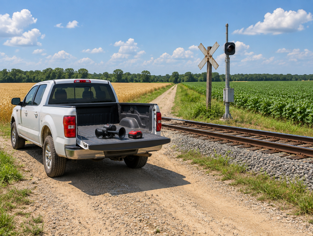 A pickup truck parked at a farm railway crossing on a sunny day, with a compact battery-powered train horn on its tailgate.