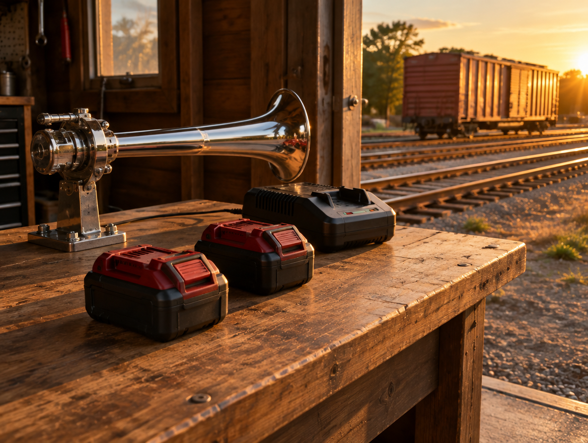 Two red and black cordless tool batteries and a chrome train horn on a shed workbench beside rail tracks at sunset.