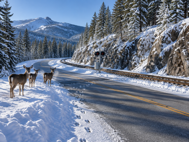 Deer standing on a snowy mountain road shoulder near a railway crossing in a rocky cutting lined with pine trees.