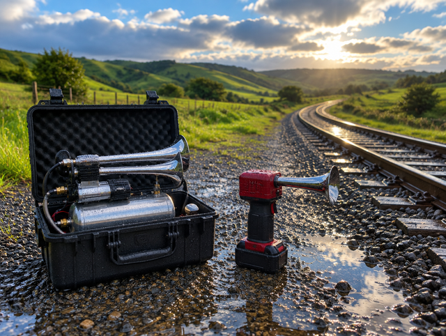 A DIY horn rig in a case and a compact red-battery horn on wet gravel beside a curving track in green hills.
