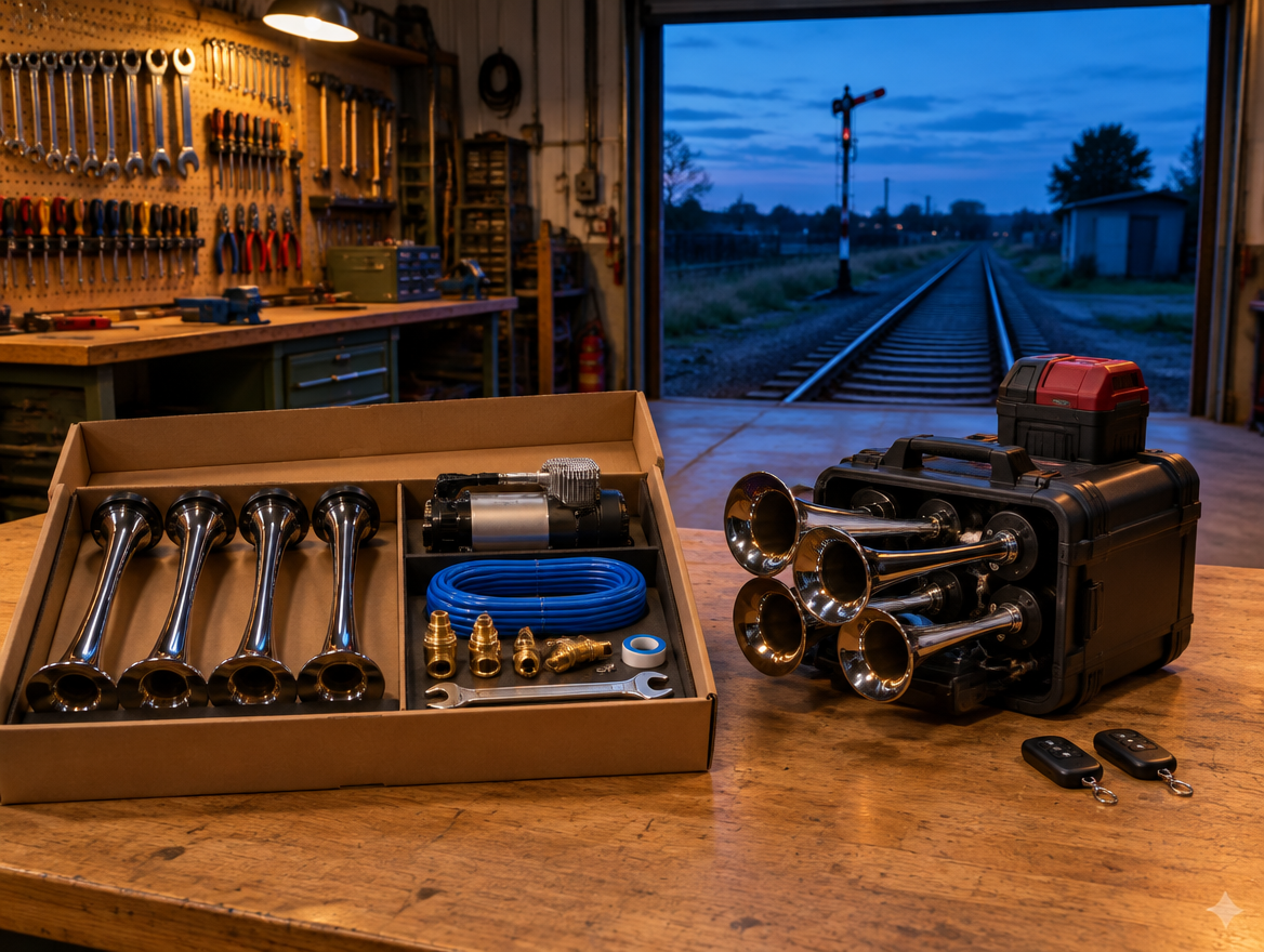 Workshop bench at dusk with a DIY train horn kit next to an assembled horn unit, rails running out the open door