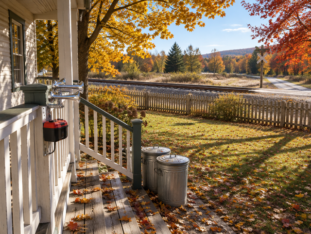 Porch railing with a chrome air horn and a red cordless battery pack, autumn trees and a railway track beyond the yard