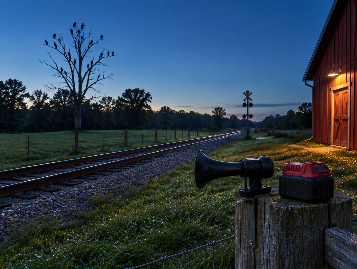 Vultures roost in a dead tree beside a rural rail line at dusk, with a battery-powered horn mounted on a fence post.
