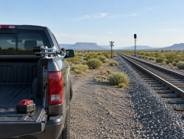 Pickup truck with a train horn and red cordless battery parked beside a desert railway line crossing open scrub at dawn.