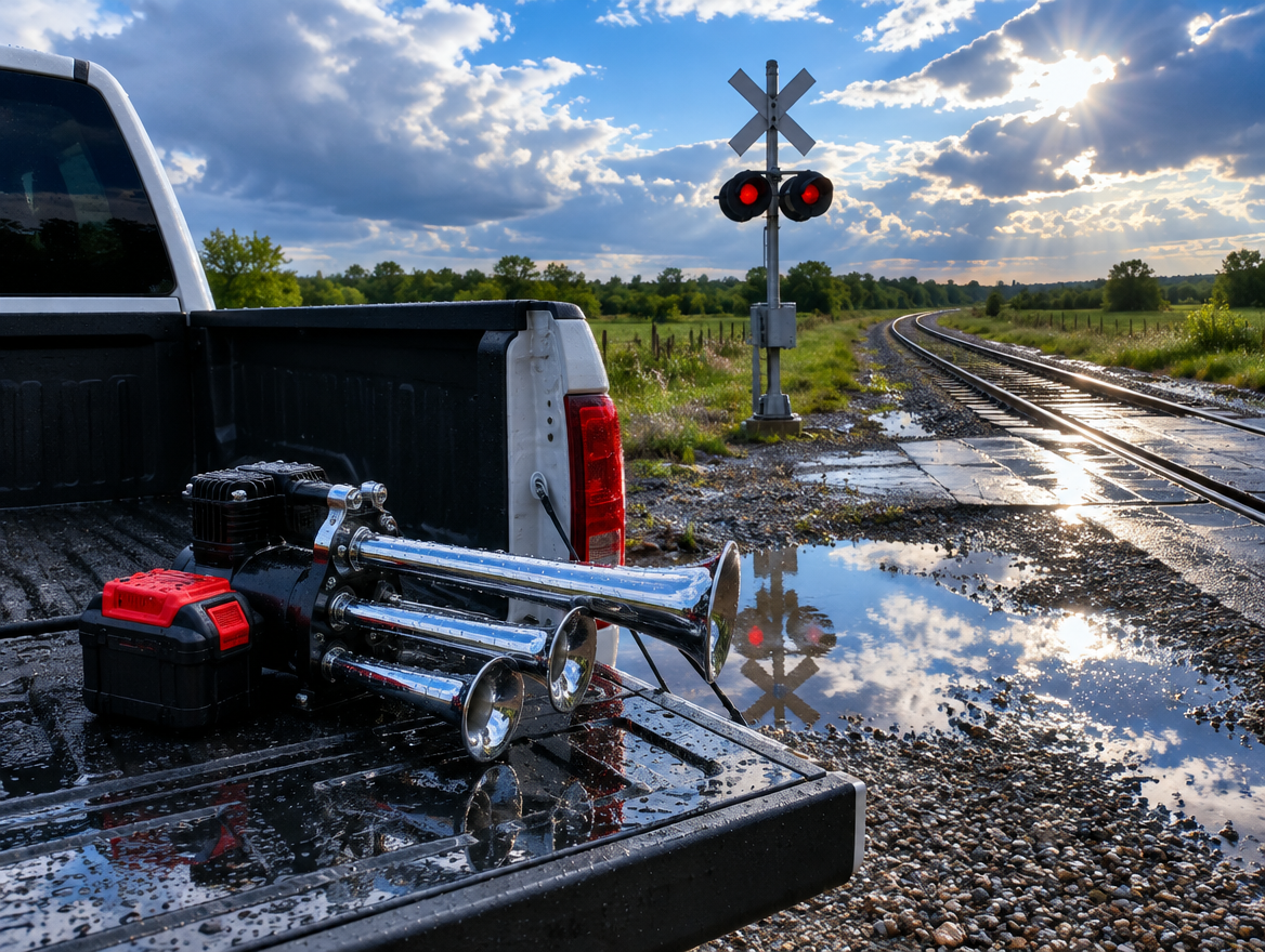 Portable air horn with chrome trumpets and a red battery on a truck tailgate beside a wet railroad crossing after rain.