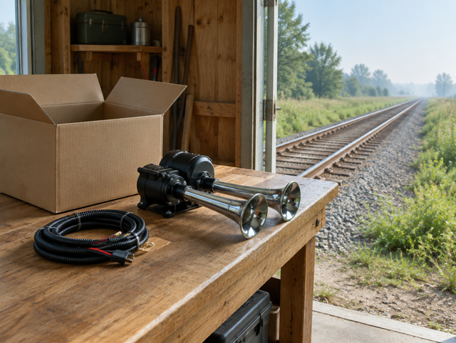 An unboxed black train horn with chrome trumpets on a shed workbench, with railroad track visible through the open door